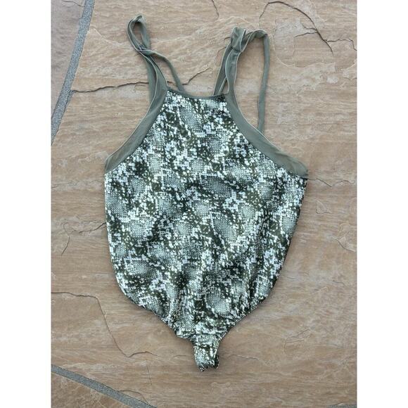 Free People Intimately Sz S Moss Green Nights Out Snakeskin Print Bodysuit - Picture 4 of 6